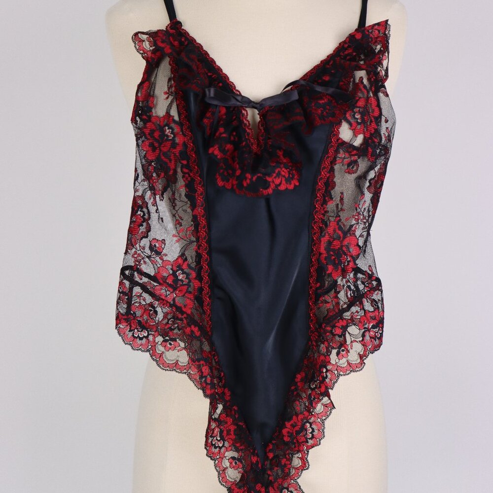 ❄️ Vintage Shirley Red Black Lace Bodysuit Lingerie Nightgown Babydoll Sexy Sm - Picture 2 of 8